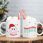 Mug Santa Happy Face Personalized Christmas Vibes<br><div class="desc">This happy face Santa is the perfect gift for the holidays! It's personalized with your name and features a pink happy face with a Santa hat and cute starburst details on one side and the text Chrismtas Vibes in a retro font on the other. It's a great way to show...</div>