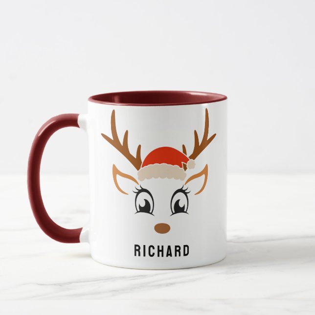 Mug Santa Hat Cute Reindeer Garçon Maroon de Noël (Gauche)