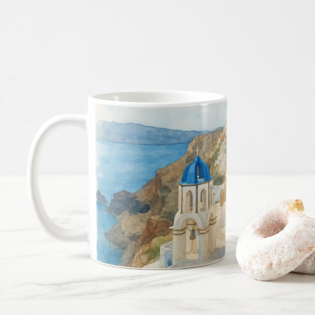 Mug Santorin Grèce Aquarelle Église à Dôme Bleu Art (Avec donut)