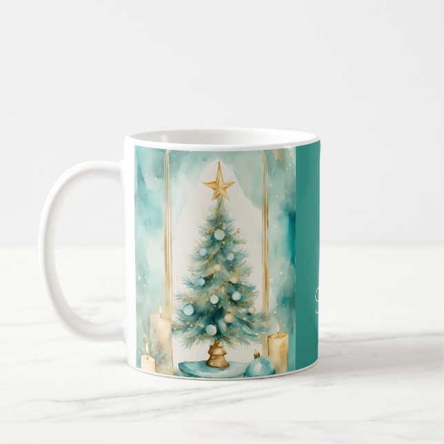 Mug Sapin de Noël élégant sarcelle et or avec bougies (Gauche)