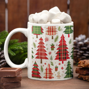 Mug Sapins de Noël Fantaisistes sur Motif à Carreaux  