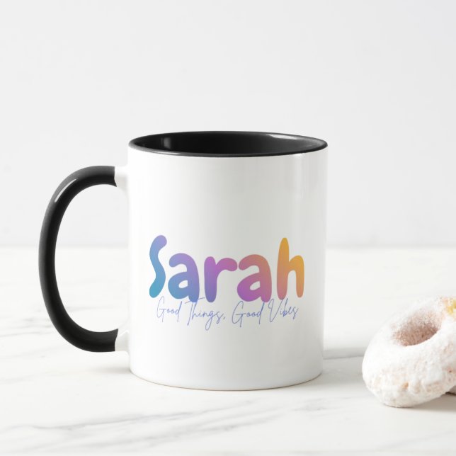 Mug Sarah Name Gift - Good Things Good Vibes  (Avec donut)