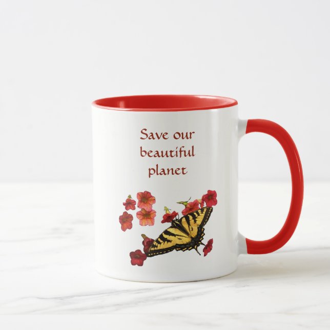 Mug Sauvez Notre Planète Papillon jaune Fleurs rouges  (Droite)