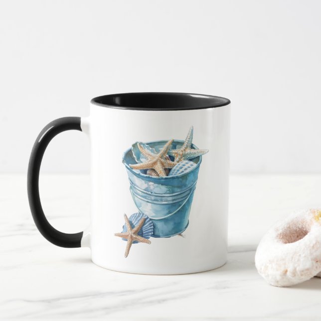 Mug Sceau de coquilles - Design d'aquarelle bleu (Avec donut)
