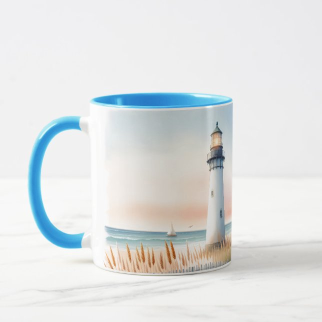 Mug Scène aquarelle d'un phare et d'une maisonnette au (Gauche)