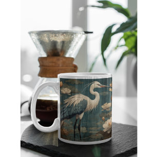 Mug scène botanique vintage grue bleue et lotus aussi