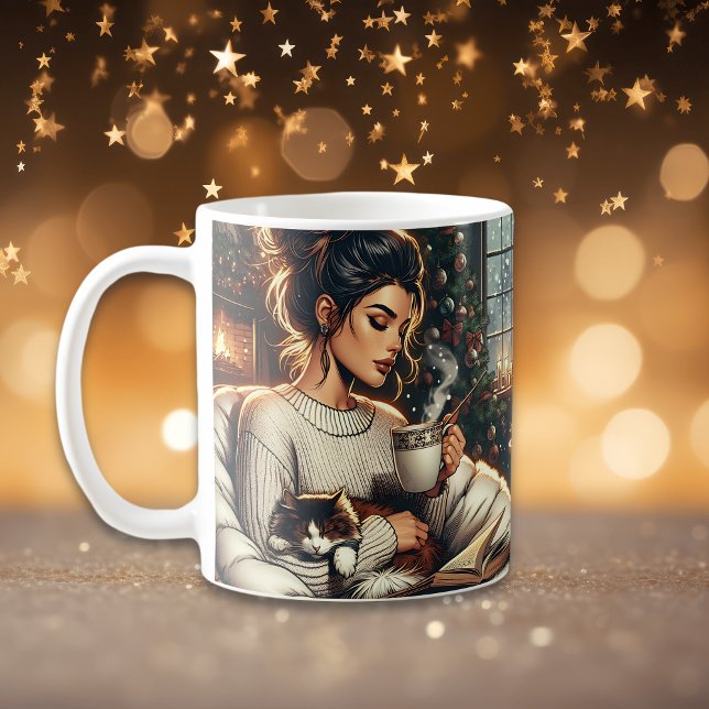 Mug Scène cosy | Femme qui boit du cacao avec chat (Créateur téléchargé)