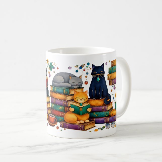Mug Scène de bibliothèque cosy avec des chats lisant d (Devant droit)