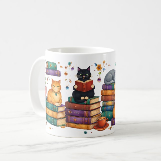 Mug Scène de bibliothèque cosy avec des chats lisant d (Devant gauche)