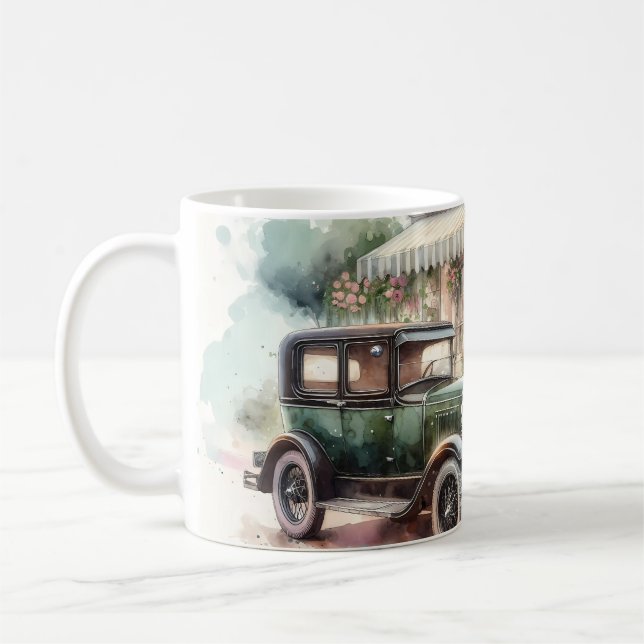 Mug Scène de boutique rétro avec voiture et fleurs (Gauche)