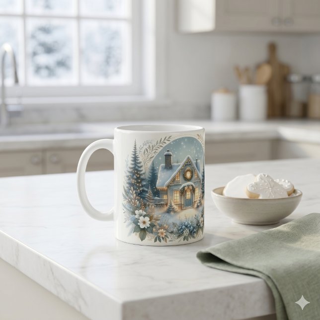 Mug Scène de cabane enneigée lumineuse (Snowy Cottage Glow Scene Coffee Mug)