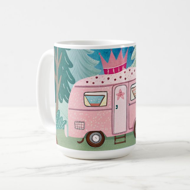 Mug Scène de camping Whimsical Pink Camper Van Camping (Devant gauche)