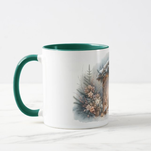 Mug Scène de la Nativité rustique avec fleurs d'hiver (Gauche)