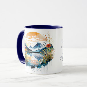Mug Scène de montagne à l'aquarelle texte personnalisé