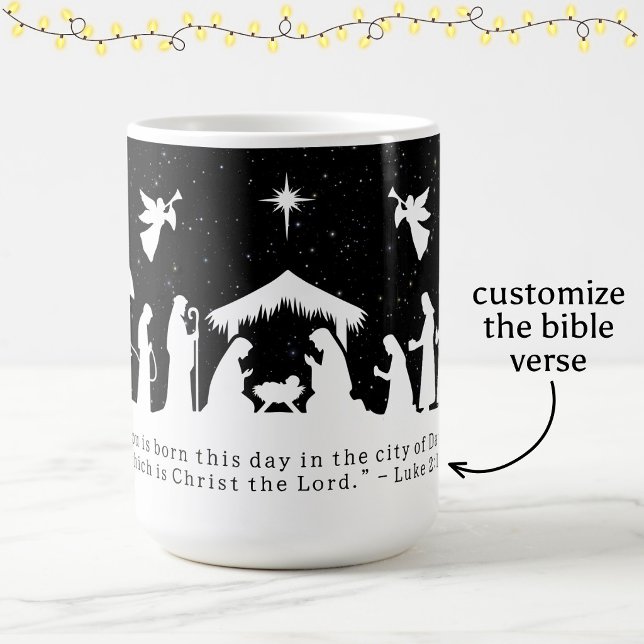 Mug Scène de Nativité Noir Blanc Verset de la Bible Pe (Créateur téléchargé)