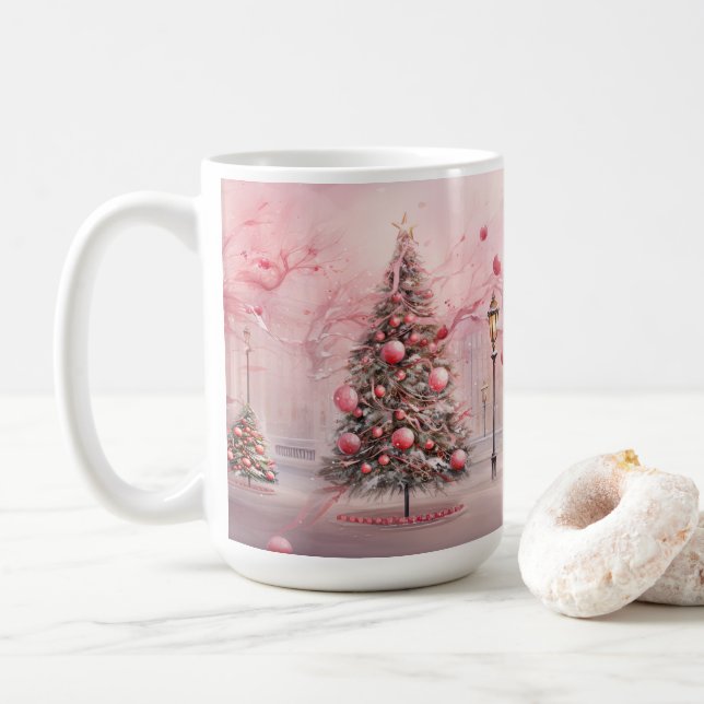 Mug Scène de Noël rose en extérieur (Avec donut)