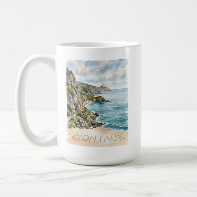 Mug Scène de plage à l'aquarelle du phare de Montauk S (Gauche)