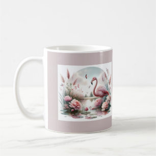 Mug Scène florale de flamant rose dans un étang pastel