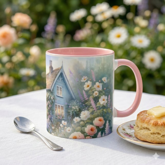 Mug Scène florale de maison bleue de jardin de campagn (Pastel Cottage Garden Blue House Floral Scene Mug On Outdoor Table)