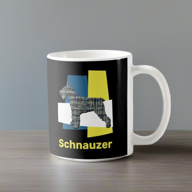 Mug Schnauzer Chien Jaune et Grille Noire Café (Schnauzer mug on table)