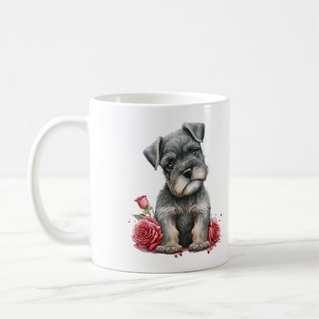 Mug Schnauzer Miniature Aquarelle Avec Roses Rouges (Gauche)