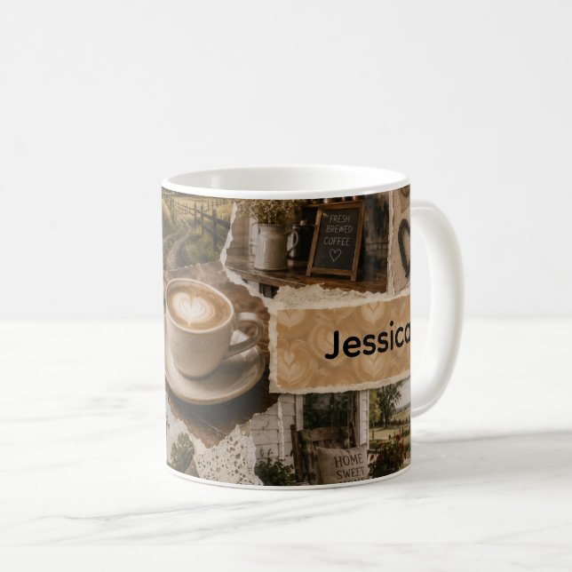 Mug Scrapbook Collage Scène de Café de Campagne Nom Pe (Devant droit)