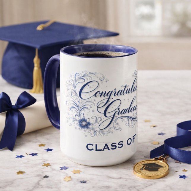 Mug Script de remise des diplômes floral bleu avec ann (Créateur téléchargé)