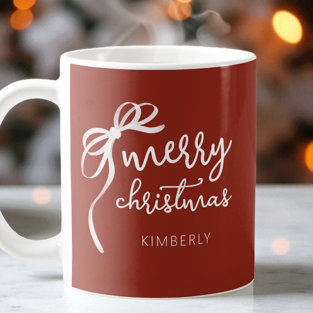 Mug Script moderne élégant Bow Red Joyeux Noël (Modern Script Elegant Bow Red Merry Christmas Coffee Mug)