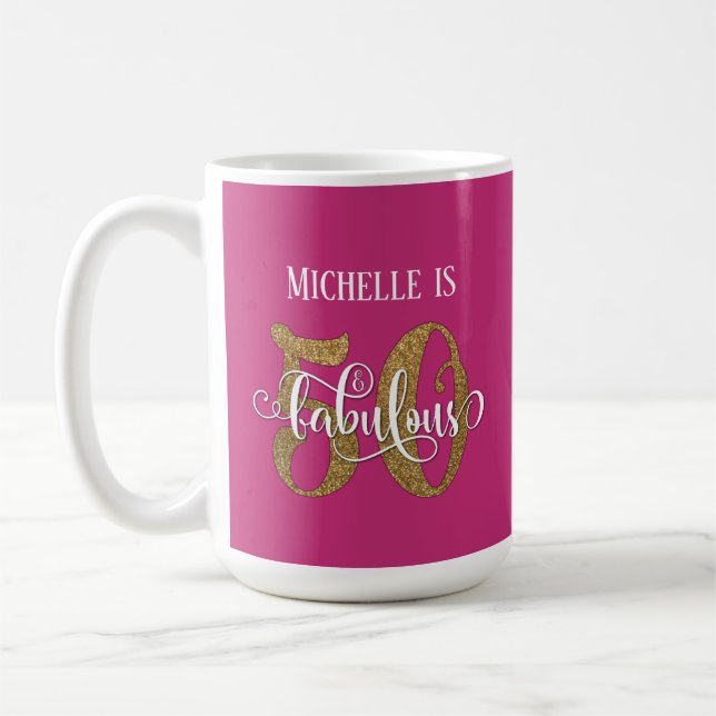 Mug Script Pailleté Or 50 & Fabuleux Sur Rose Chaud (Gauche)