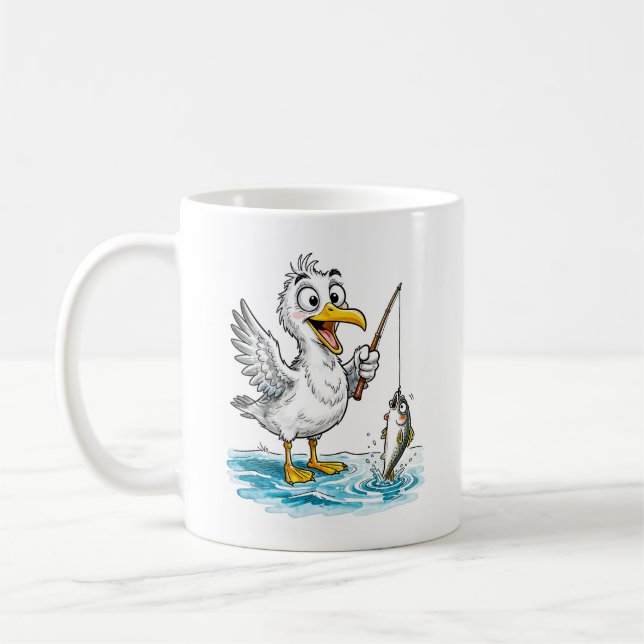 Mug Seagull Fishing with Rod in Shallow Water (Gauche)