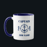 Mug Seahorse Ancre Capitaine Ajouter un nom ou un nom<br><div class="desc">Marine Ancre de Seahorse Capitaine Ajouter un nom ou un nom de bateau Café Mug - Bleu et blanc</div>