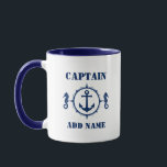 Mug Seahorse Ancre Capitaine Ajouter un nom ou un nom<br><div class="desc">Marine Ancre de Seahorse Capitaine Ajouter un nom ou un nom de bateau Café Mug - Bleu et blanc</div>