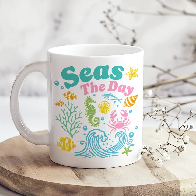 Mug "Seas the Day" Boho Colorful Coastal ("Seas the Day" Boho Colorful Coastal Coffee Mug on a boho kitchen table with tiny white flowers)