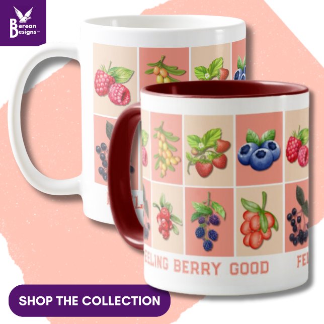 Mug SENTIMENT BERRY BON Nom personnalisé Fraise (Listing is for ONE MUG ONLY, showing variety of berries in the Feeling Berry Good aesthetic)