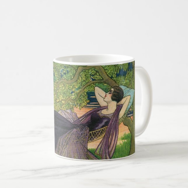 Mug Sérénité vintage : Femme dans le jardin Hammock (Devant droit)