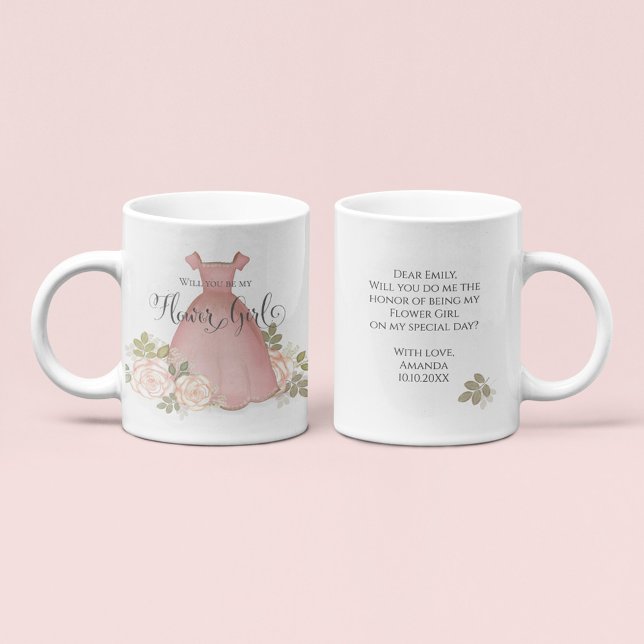 Mug Serez-vous ma Flower Girl Blush Watercolor (Will you be my flower girl proposal mug with pink dress watercolor and personalized message.)