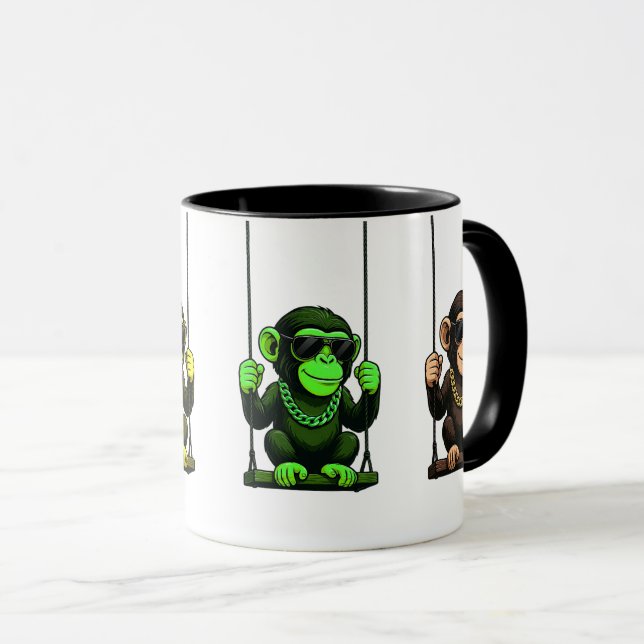 Mug série de singes cartoon sur balançoires. (Devant droit)