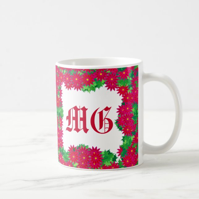 Mug Serre de poinsettia avec monogramme, rouge et vert (Droite)