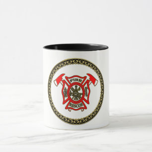 Mug Service D'Incendie Insigne Or Et Rouge Avec Axes D