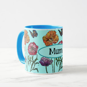 Mug Shabby Poppy Red Purple sur Aqua Mum Mothers Day