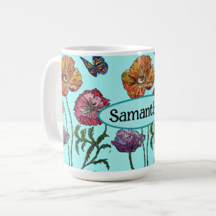 Mug Shabby Poppy Red Purple sur Aqua Nom personnalisab