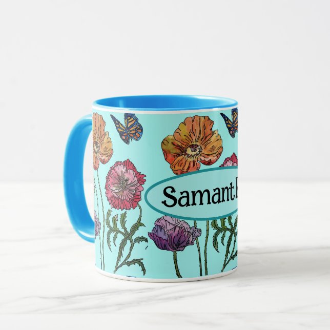 Mug Shabby Poppy Red Purple sur Aqua Nom personnalisab (Devant gauche)