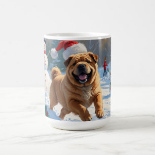 Mug Shar Pei courant dans la neige avec un chapeau de 