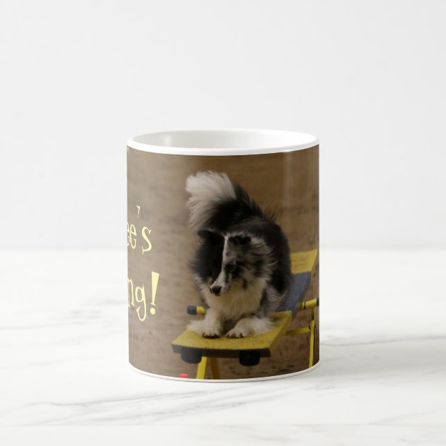 Mug Sheltie accrochant sur une bascule d'agilité (Centre)