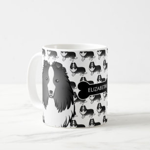 Mug Sheltie de dessin animé bi-noir avec os de chien e