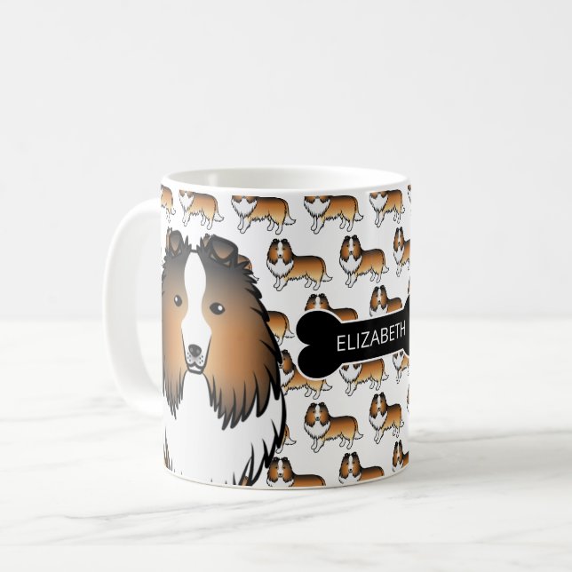 Mug Sheltie de dessin animé sable avec os de chien et  (Devant gauche)