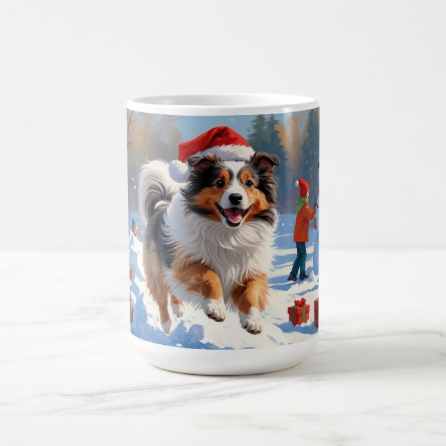 Mug Shetland Sheepdog courant dans la neige avec un ch (Centre)