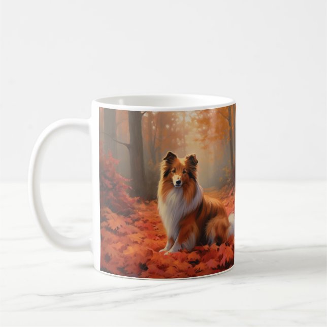 Mug Shetland Sheepdog dans les feuilles d'automne chut (Gauche)