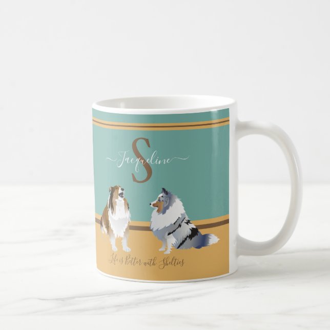 Mug Shetland Sheepdogs, Abris, sur vert et jaune (Droite)