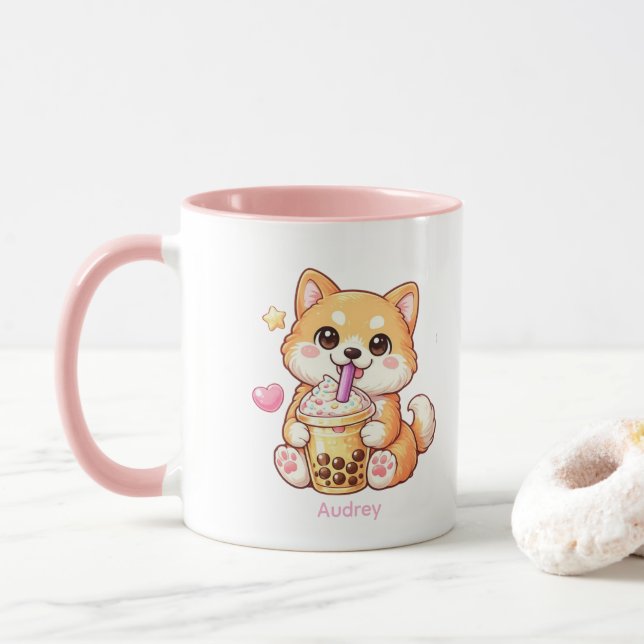 Mug Shiba Inu Mignon Buvant du Bubble Tea Unisexe (Avec donut)